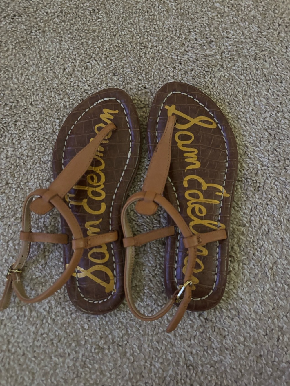 Sam Edelman Tan Leather T-Strap Sandals with Croc-Print Little Girls